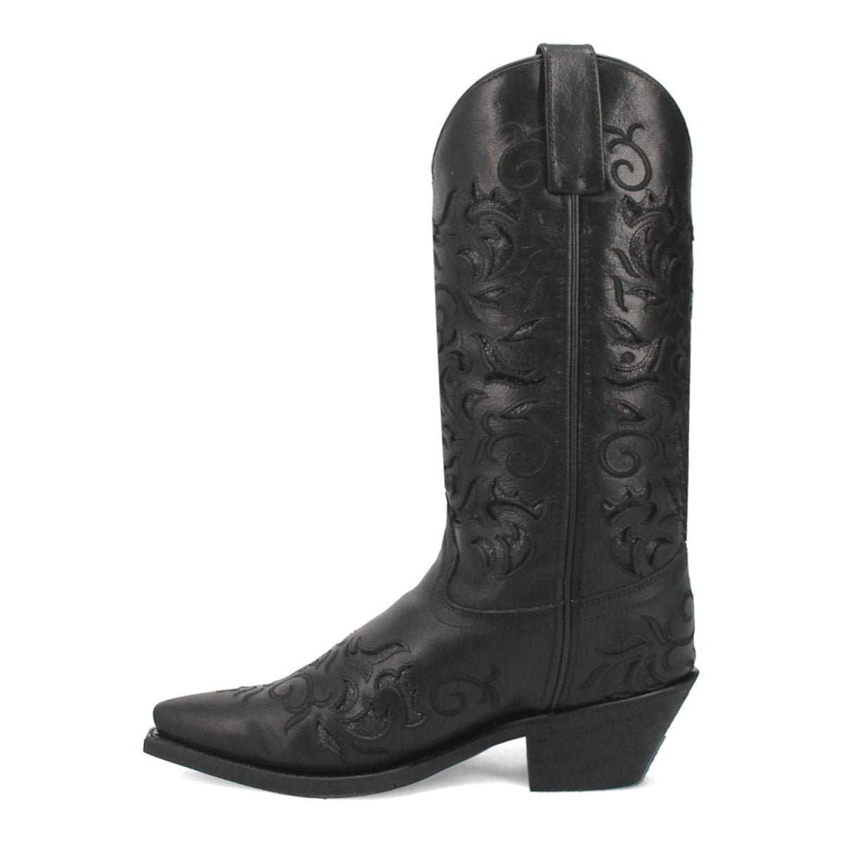 Laredo women's Night Sky boots. Black leather with floral stitching, snip toe, and a tall shaft. Block heel for stability.
