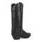 Laredo Night Sky women's black leather boots with embossed floral shaft design. Snip toe, stacked angled heel, and knee-high with pull tabs. Smooth finish.
