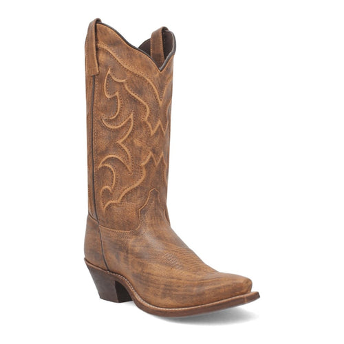 Laredo Reva snip toe boots: tall honey-colored leather boots with embossed floral designs, a pointed toe, a slight cowboy heel, and contrasting stitching.
