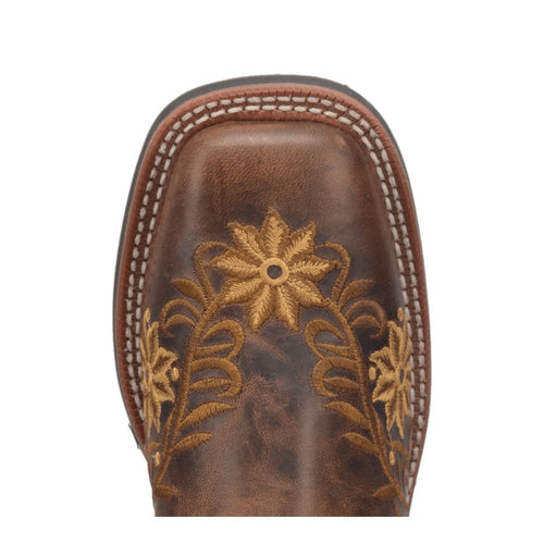 Laredo women's Secret Garden boots. Brown leather with floral embroidery. Broad square toe and stitched seam detailing.
