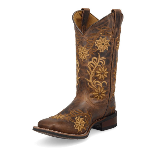 Laredo Secret Garden boots: Brown leather with yellow floral embroidery. Broad square toe, pointed shape. Low stacked heel.
