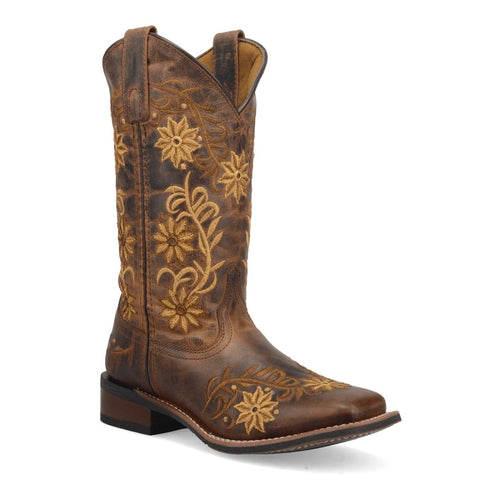Brown leather Laredo women's boots with floral embroidery. Broad square toe, pointed shape, and slight heel. Features pull tabs for easy wear.
