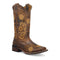 Brown leather Laredo women's boots with floral embroidery. Broad square toe, pointed shape, and slight heel. Features pull tabs for easy wear.
