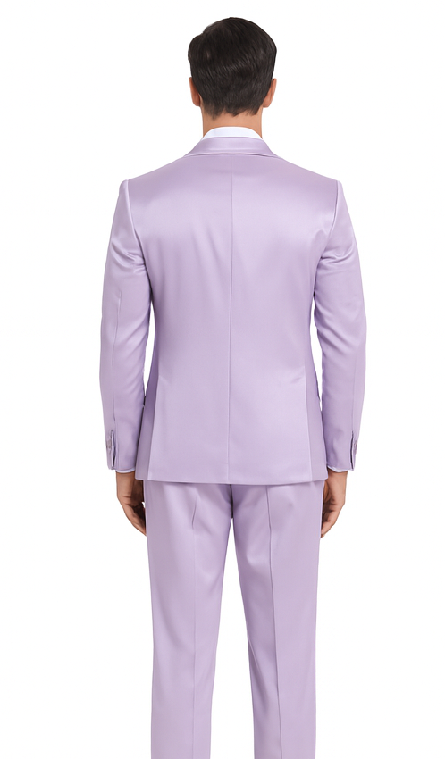 Tazzio men's formal suit: slim fit, lavender satin. Peak lapel jacket and pants. Back view visible.
