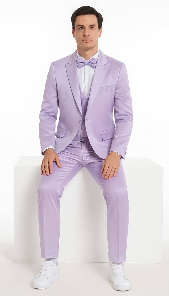 Tazzio men's formal lavender 3-piece suit. Slim fit, peak lapel jacket & vest, matching trousers. Smooth satin material. Single-breasted jacket. Solid lavender color, tailored for a sleek look.