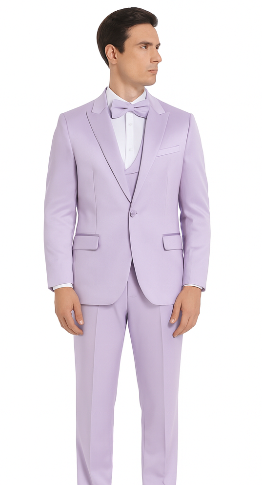 Lavender satin slim-fit three-piece suit. Peak lapel jacket, matching waistcoat, and trousers. Smooth satin fabric with a uniform lavender color. Jacket features two front pockets; trousers have a tailored cut.
