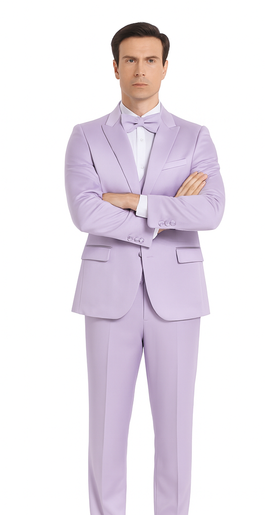 Tazzio men's lavender satin formal suit. Three-piece slim fit: peak lapel jacket (2-button, side pockets), vest, and straight-cut trousers. Smooth texture, light purple.