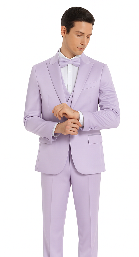 Tazzio men's lavender satin 3-piece suit: slim fit, peak lapel jacket, matching vest, and tailored trousers. Smooth, lustrous satin in solid lavender. Includes a bow tie.