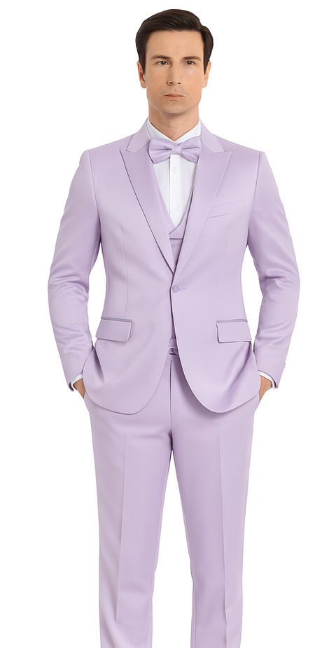 Tazzio men's formal lavender 3-piece slim fit suit. Features a satin peak lapel jacket, matching vest, and slim-fit trousers. Smooth, shiny lavender finish throughout.