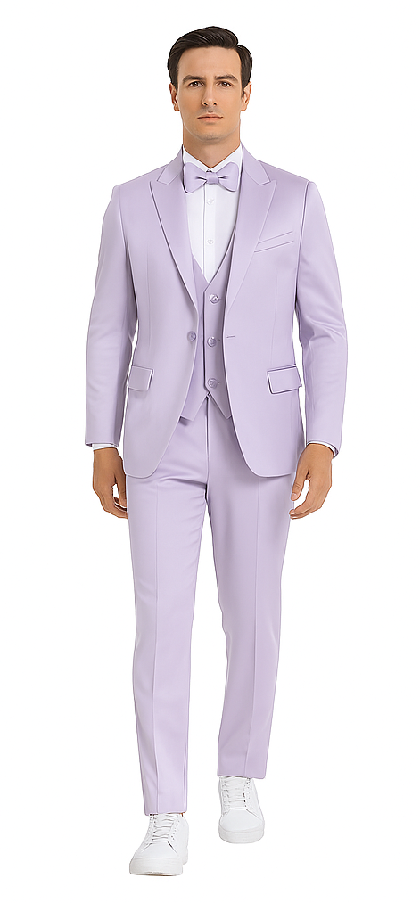 Tazzio men's lavender satin 3-piece slim fit suit. Peak lapel jacket, vest, and slim trousers. Smooth satin. Single-breasted, button closure. Straight-leg trousers. White sneakers complete the look.
