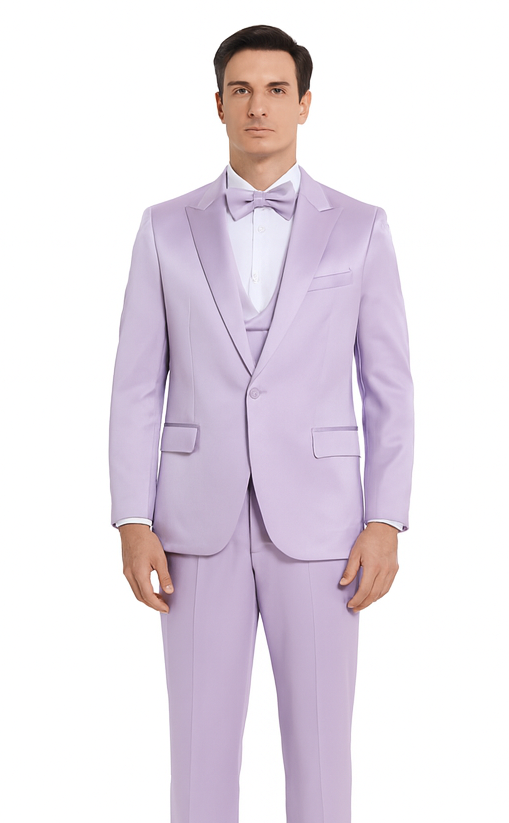 Tazzio men's formal suit: Lavender satin, slim fit, 3-piece. Peak lapel jacket, two pockets, vest, and trousers. Uniform lavender color.