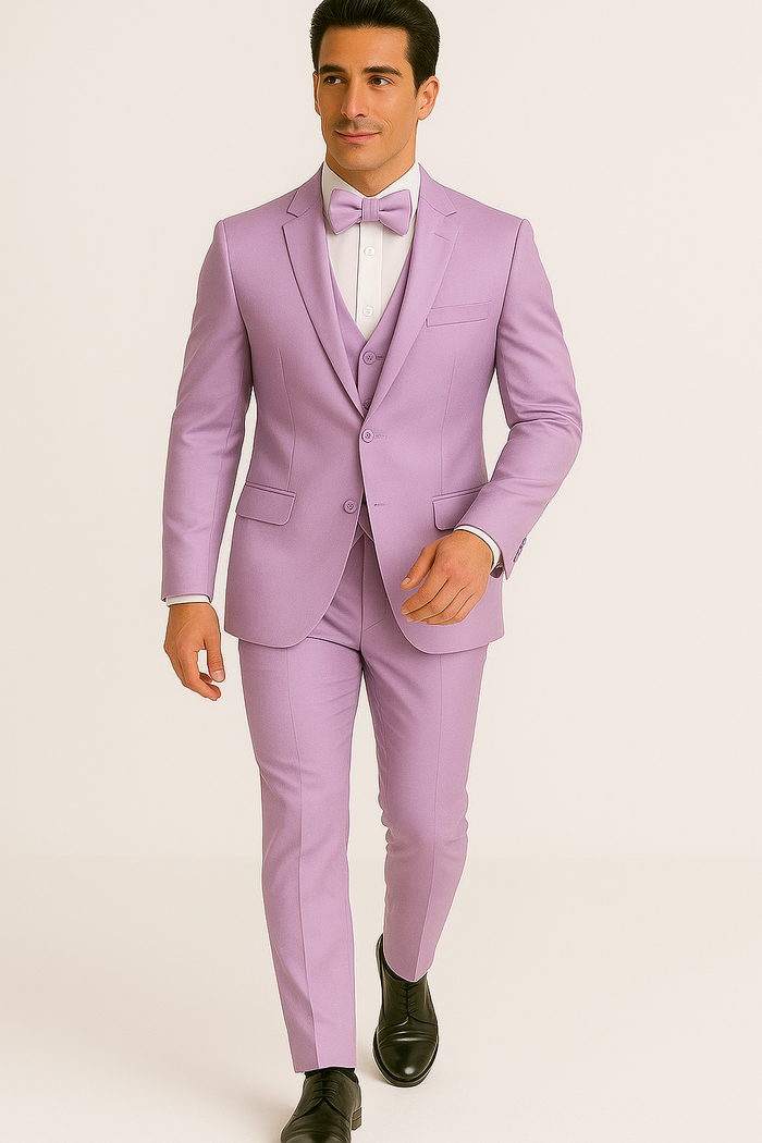 Light lavender tuxedo set: tailored jacket, vest, trousers. Smooth, slightly shiny fabric. Includes matching bowtie. Formal design with notched lapels and side pockets. Elegant and structured.
