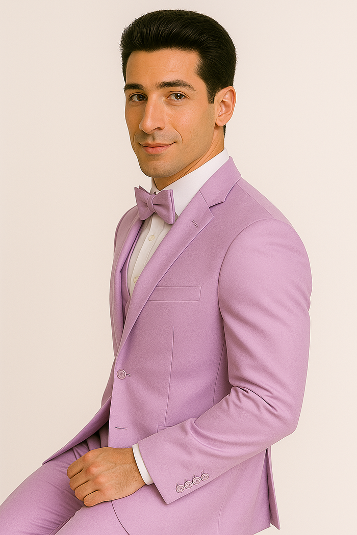 Lavender tuxedo set: Tailored jacket with single button, notched lapels. Fitted lavender pants. White dress shirt, lavender bow tie. Smooth fabric, structured form.
