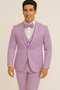 Lavender tuxedo set: Tailored jacket with single button, lapels, and pockets. Includes a vest and bow tie. Slim-fit trousers with a flat front. Soft lavender, lightweight fabric. Perfect formal look.
