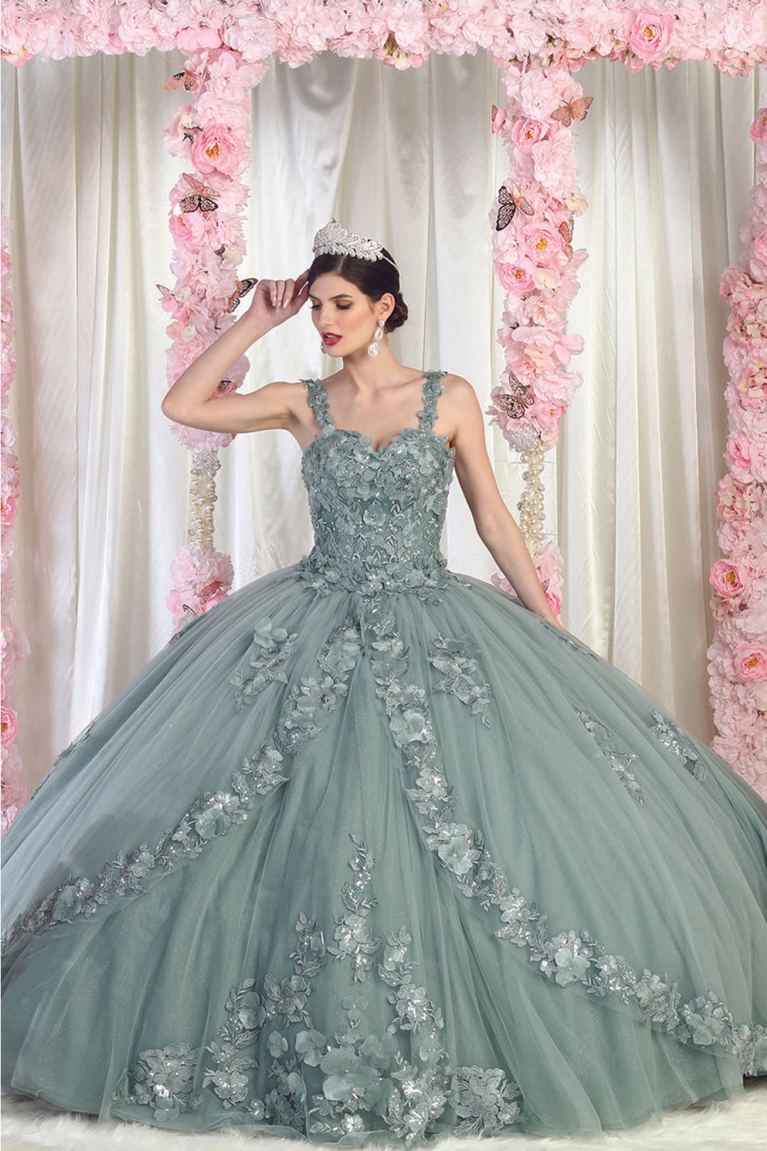 Sleeveless Glitter Floral Ball Quinceanera Gown