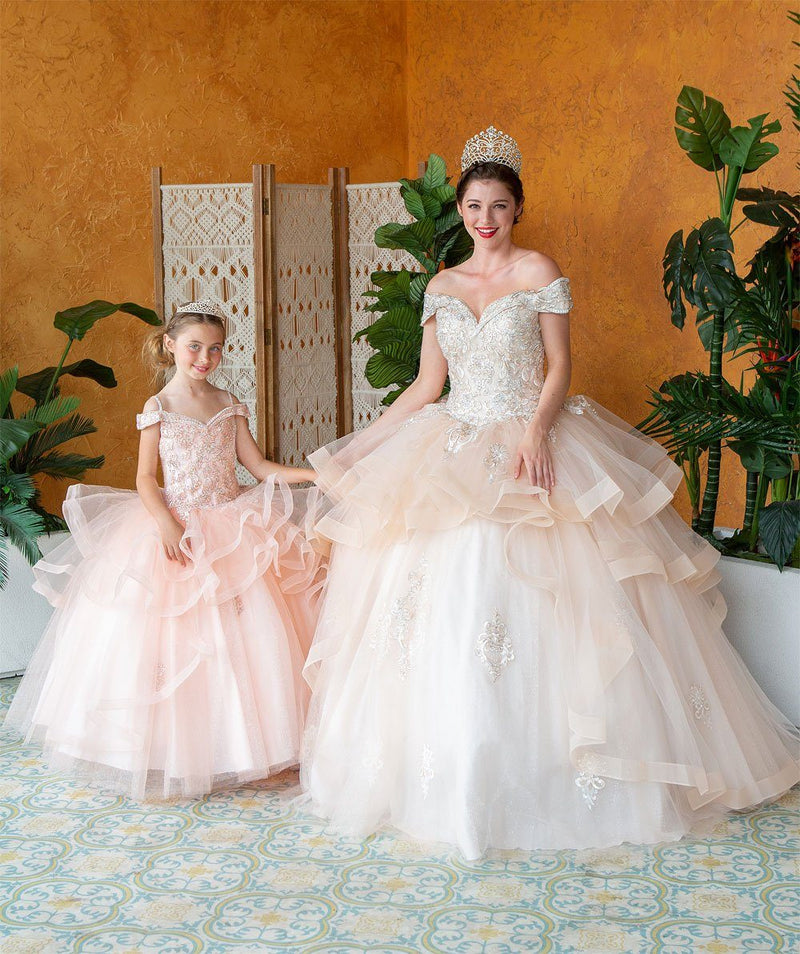Layered Off-Shoulder Glitter Quinceañera Dress by Calla KY-018383