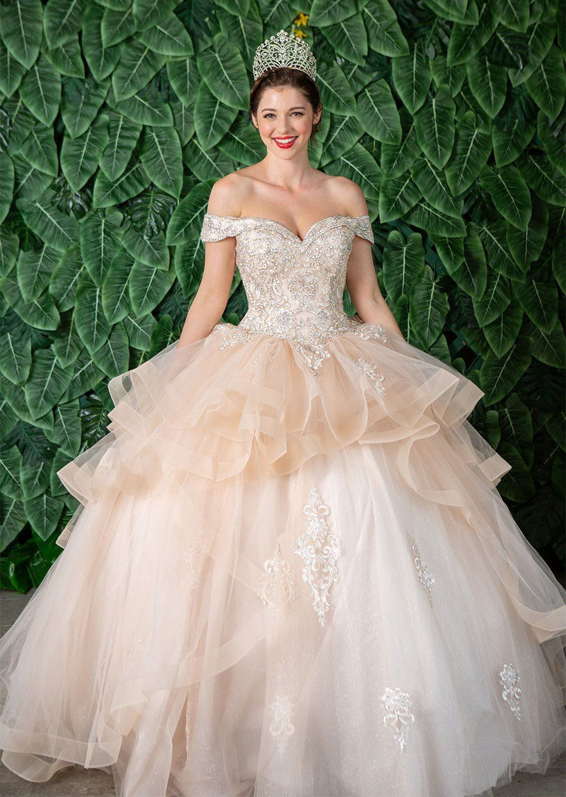 Layered Off-Shoulder Glitter Quinceañera Dress by Calla KY-018383