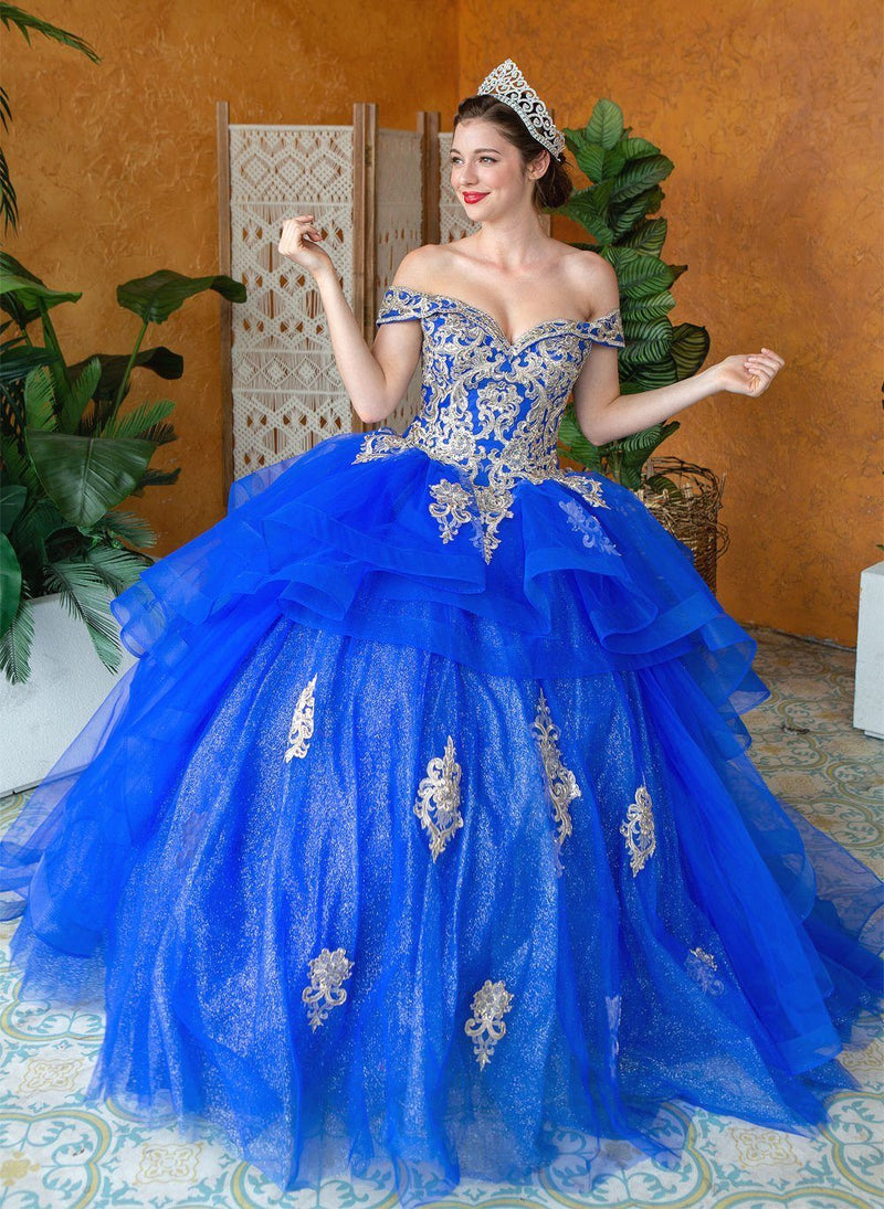 Layered Off-Shoulder Glitter Quinceañera Dress by Calla KY-018383