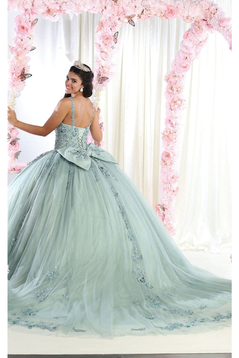 Quinceanera Dress Ball Gown in Mesh Glitter Bow Train by Layla K LK174