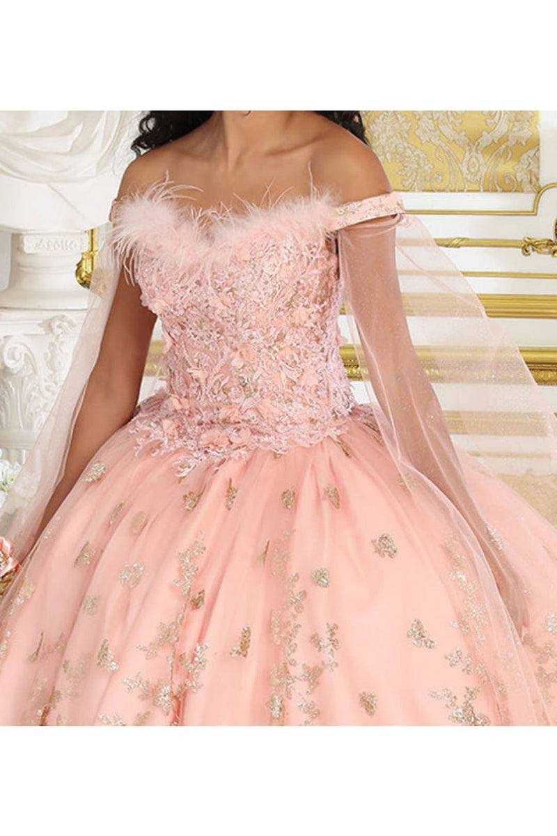 Glitter Butterfly Applique Cape Sleeves Quinceanera Gown