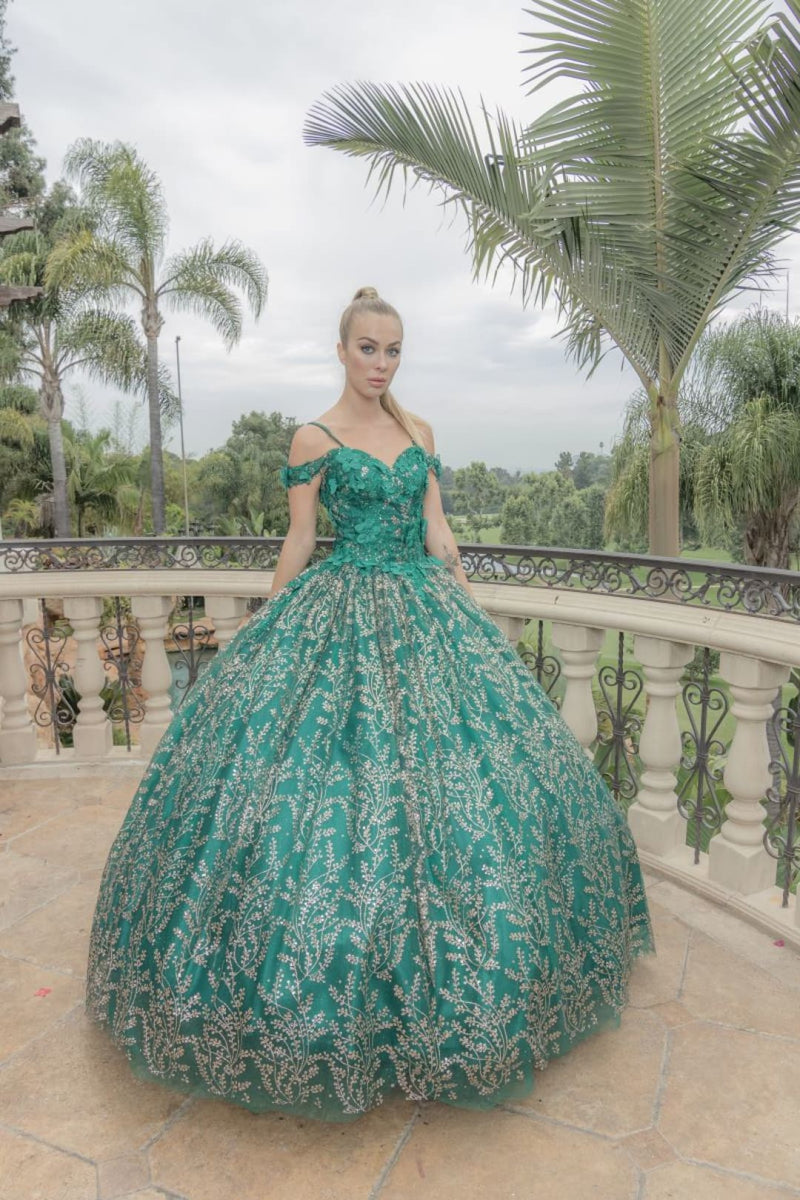 Layla K LK204 Detachable Cape Glitter 3D Floral Applique Quince Gown