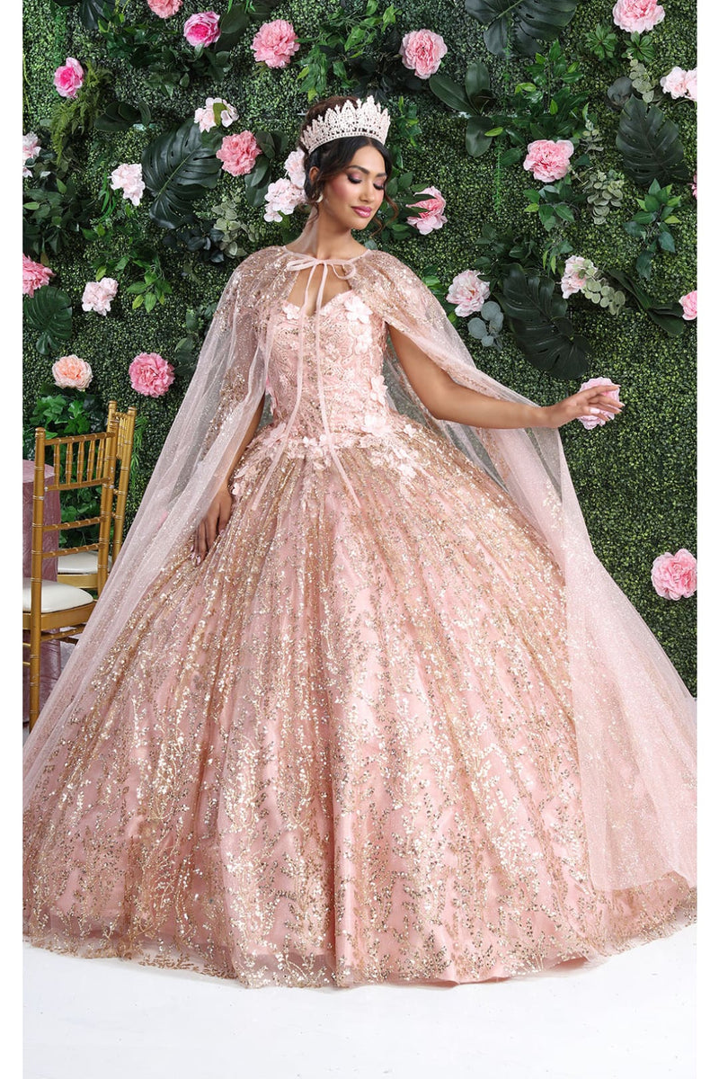 Layla K LK204 Detachable Cape Glitter 3D Floral Applique Quince Gown