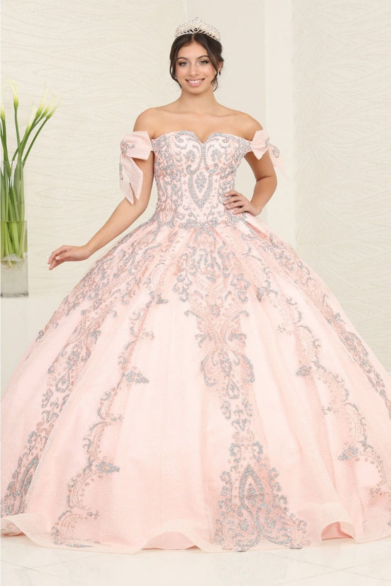 Layla K LK241 Off-Shoulder Glitter Bow Accent Quince Ball Gown