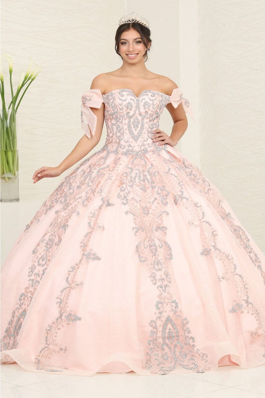 Layla K LK241 Off-Shoulder Glitter Bow Accent Quince Ball Gown