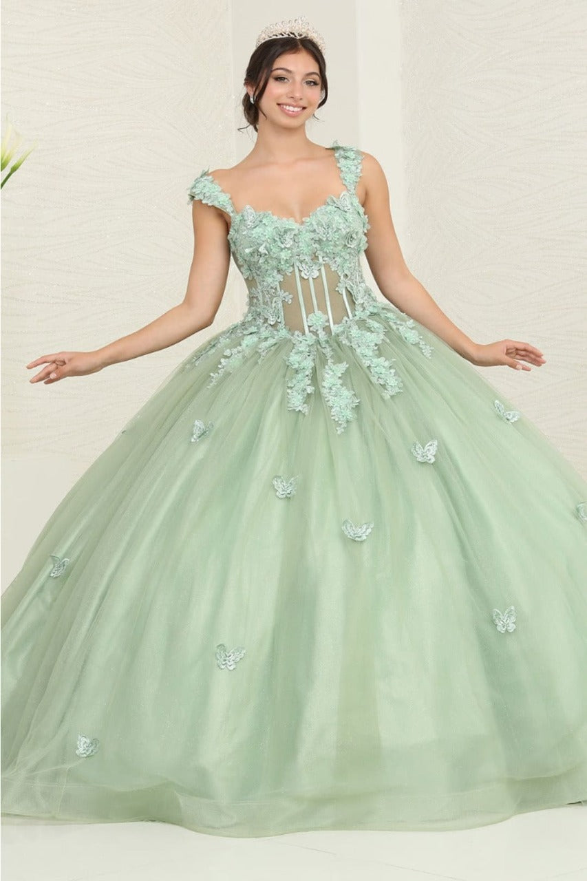 Layla K LK242 V-Neck 3D Butterfly Sheer Ball Sweet 16 Gown