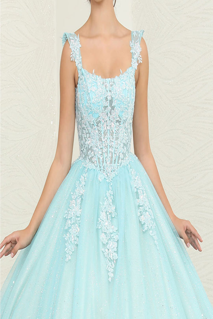 Layla K LK253 Floral Sheer Corset Glitter Tiffany/BlueNude Ball Gown