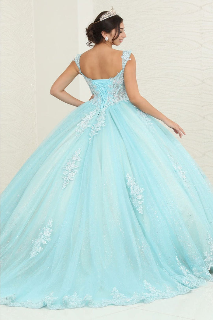 Layla K LK253 Floral Sheer Corset Glitter Tiffany/BlueNude Ball Gown