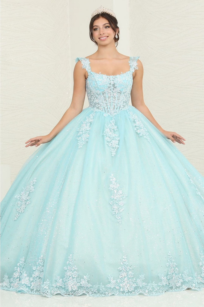 Layla K LK253 Floral Sheer Corset Glitter Tiffany/BlueNude Ball Gown