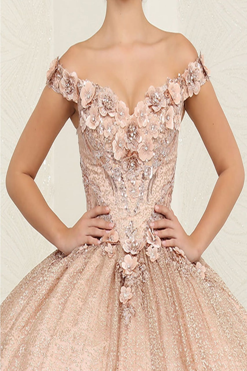 Layla K LK255 Champagne Off-Shoulder Quince Gown with Detachable Tail