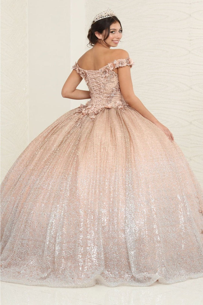 Champagne Off-Shoulder Quinceañera Ball Gown with 3D Floral Appliqués & Detachable Train – Sweet 15 Princess Dress