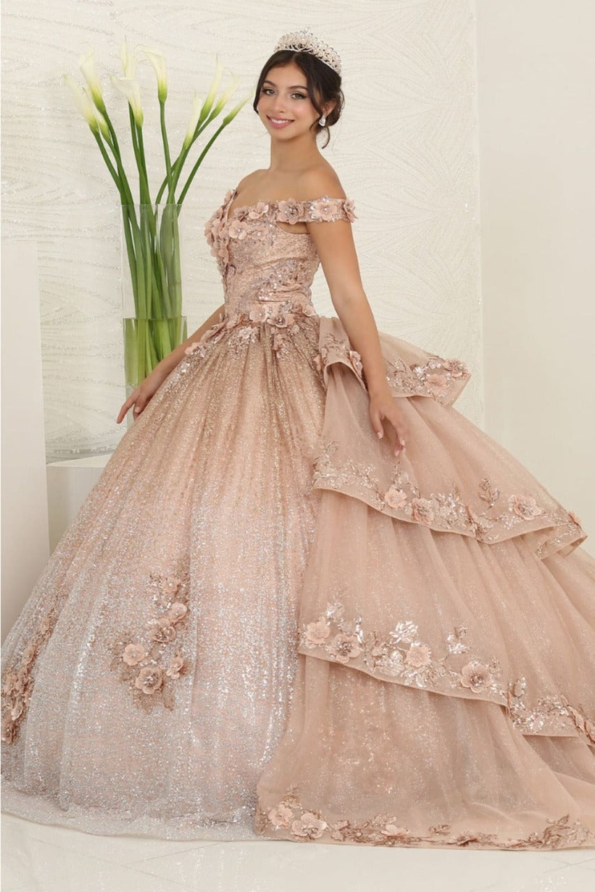 Layla K LK255 Champagne Off-Shoulder Quince Gown with Detachable Tail