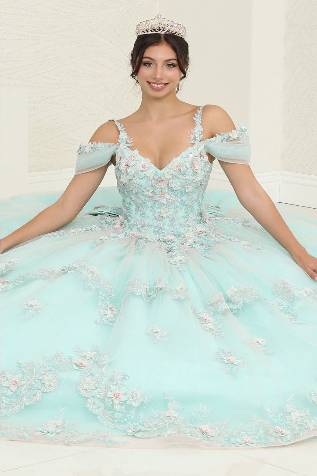 Layla K LK258 V-neck Mint Floral Masquerade Ball Gown