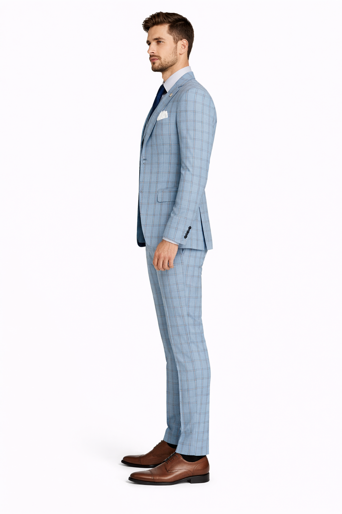 Lazio Collection - Modern Fit Windowpane Suit 3 Piece in Light Blue