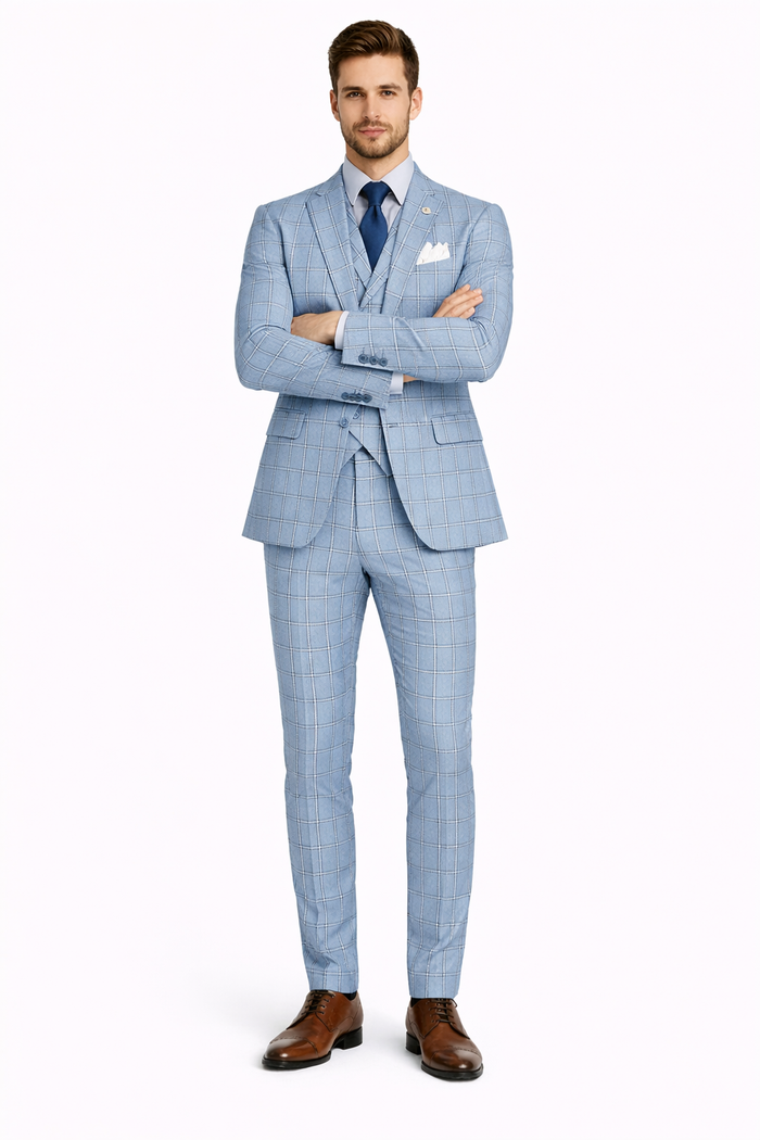 Lazio Collection - Modern Fit Windowpane Suit 3 Piece in Light Blue