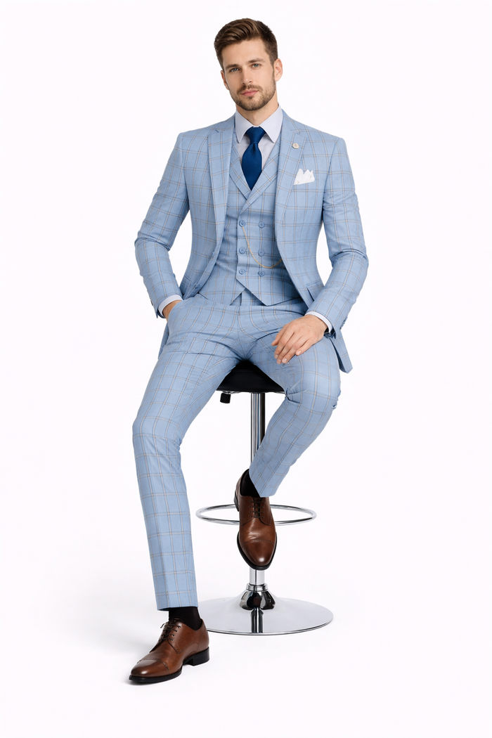 Lazio Collection - Modern Fit Windowpane Suit 3 Piece in Light Blue