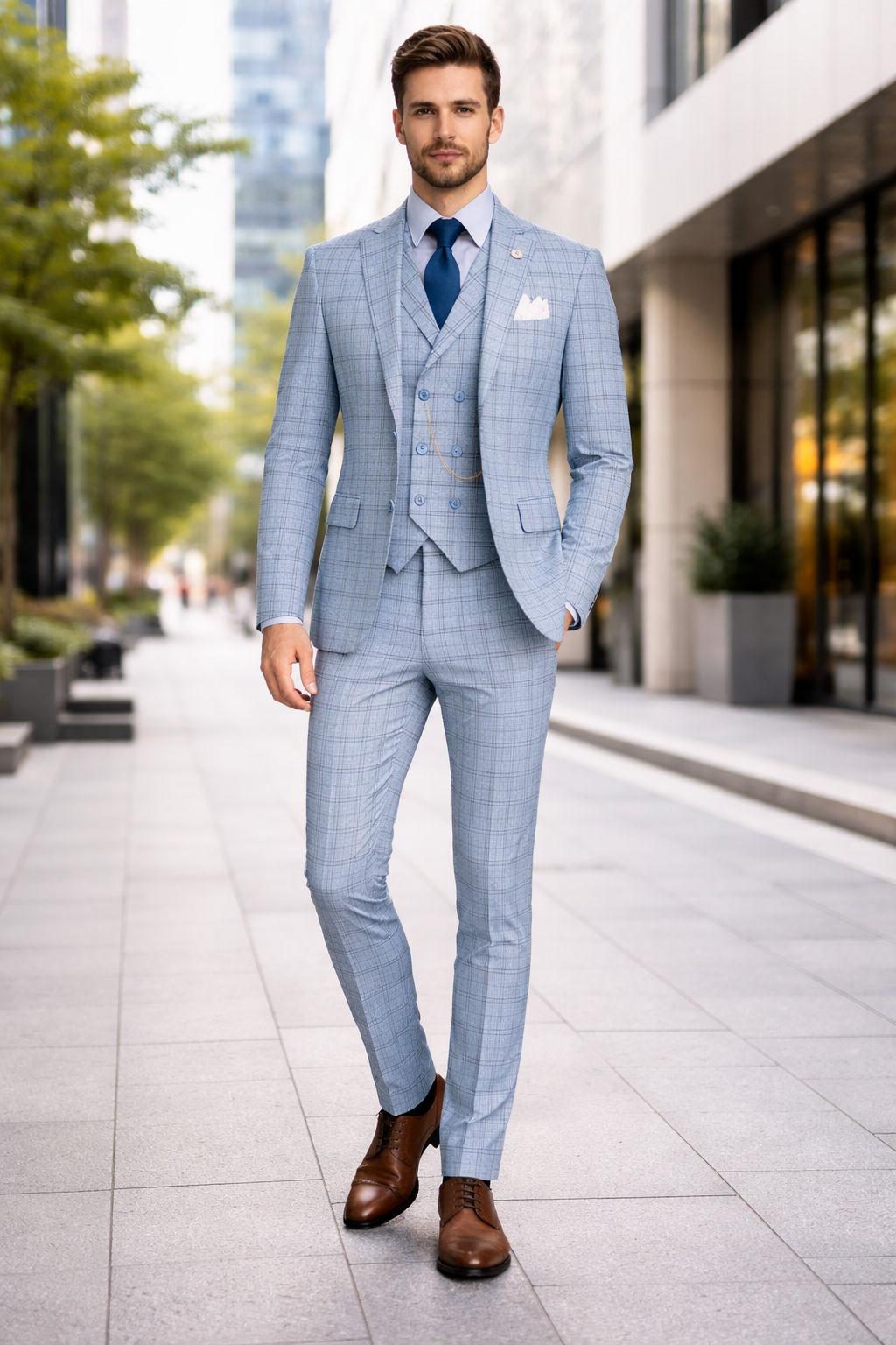 Lazio Collection - Modern Fit Windowpane Suit 3 Piece in Light Blue