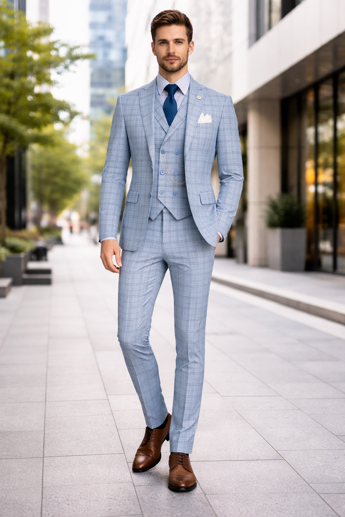 Lazio Collection - Modern Fit Windowpane Suit 3 Piece in Light Blue