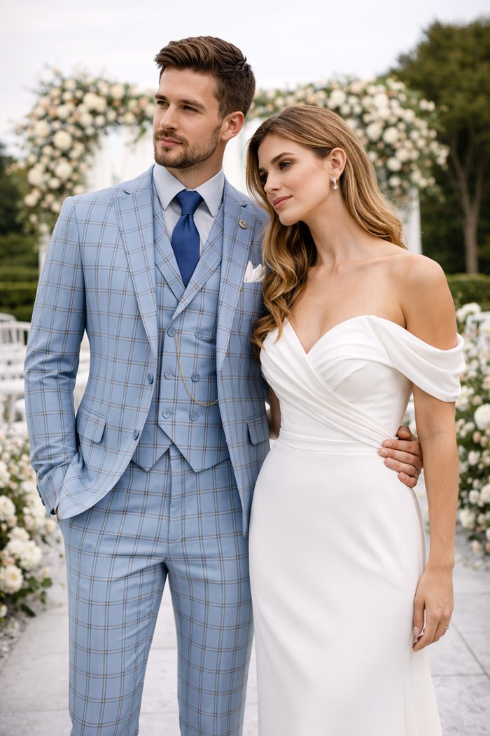 Lazio Collection - Modern Fit Windowpane Suit 3 Piece in Light Blue