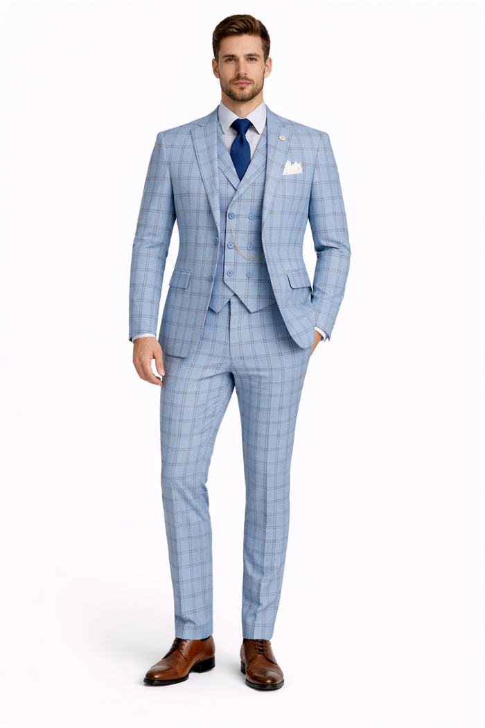 Lazio Collection - Modern Fit Windowpane Suit 3 Piece in Light Blue