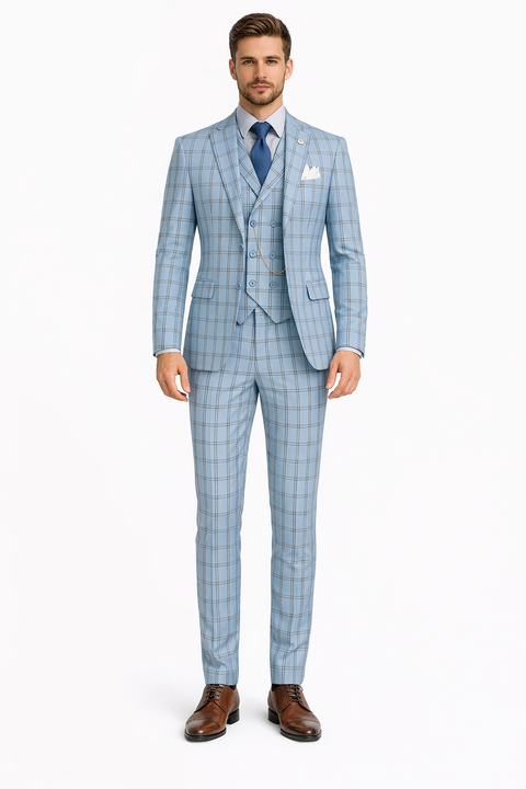 Lazio Collection - Modern Fit Windowpane Suit 3 Piece in Light Blue