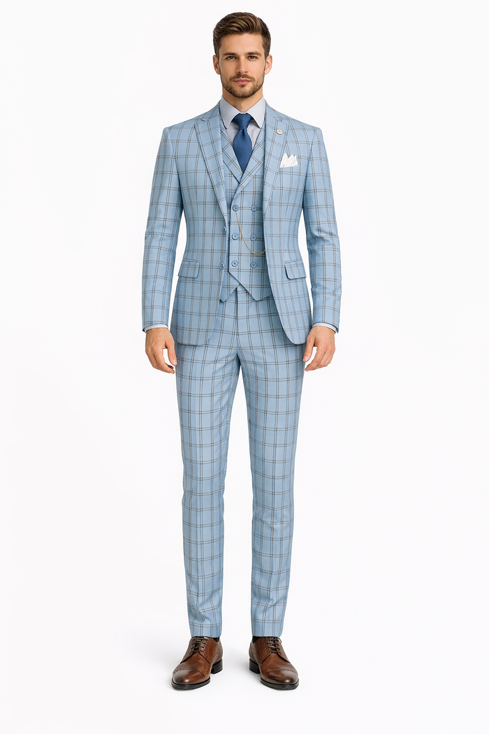 Lazio Collection - Modern Fit Windowpane Suit 3 Piece in Light Blue