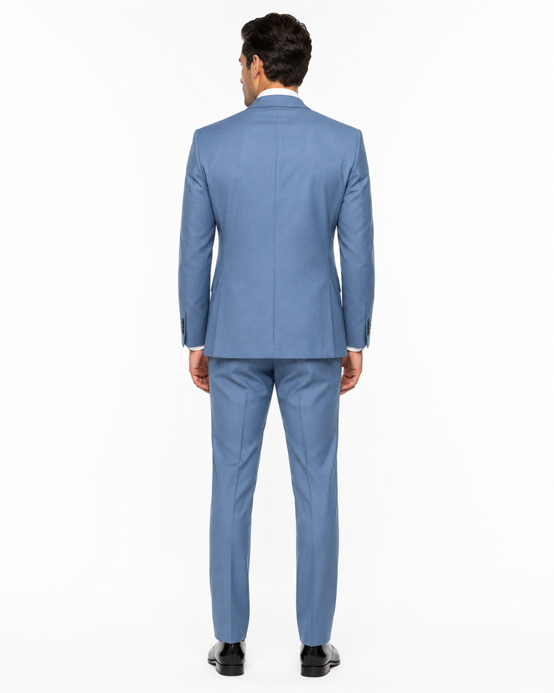 Mens 2 Button Slim Fit Wool Suit With Double Breasted Vest in Steel Blue
