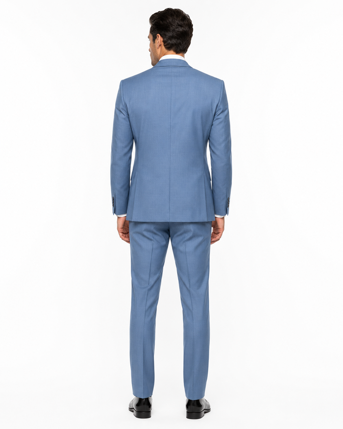 Mens 2 Button Slim Fit Wool Suit With Double Breasted Vest in Steel Blue