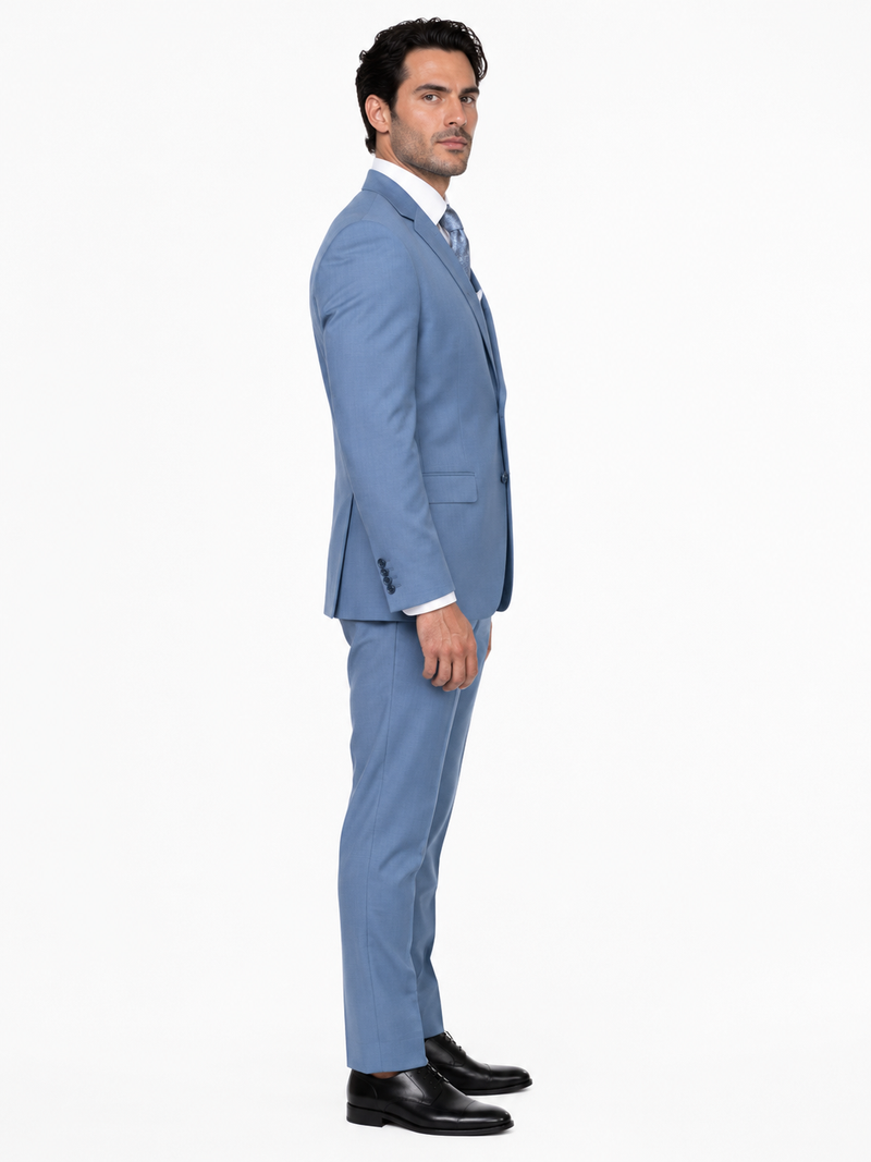 Mens 2 Button Slim Fit Wool Suit With Double Breasted Vest in Steel Blue