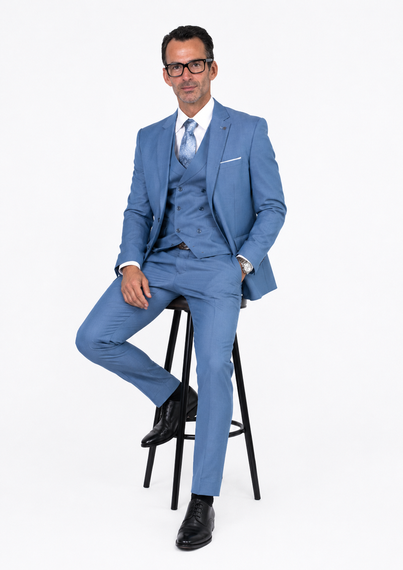 Mens 2 Button Slim Fit Wool Suit With Double Breasted Vest in Steel Blue