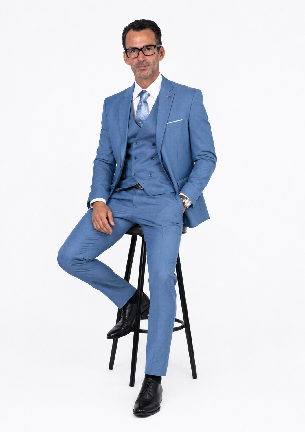 Mens 2 Button Slim Fit Wool Suit With Double Breasted Vest in Steel Blue